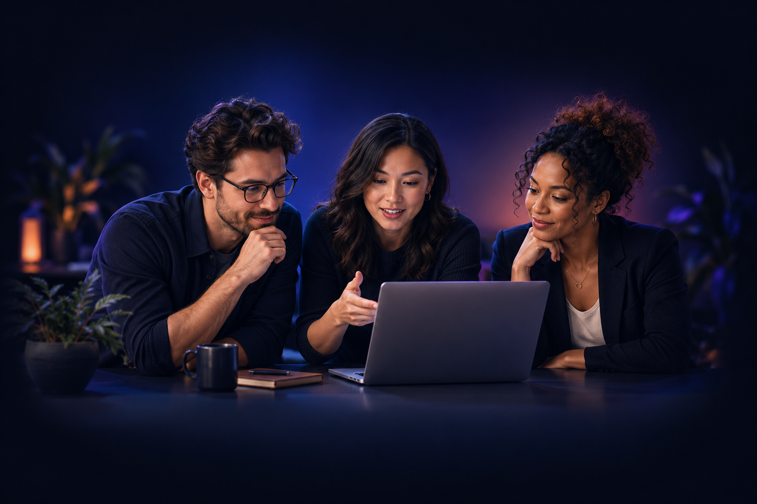 Illustrative small-business professionals reviewing work together at a laptop