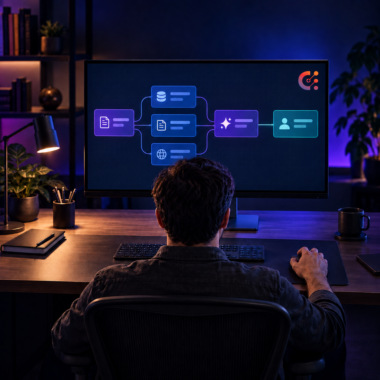 Illustrative professional at a business desk reviewing a computer-based workflow